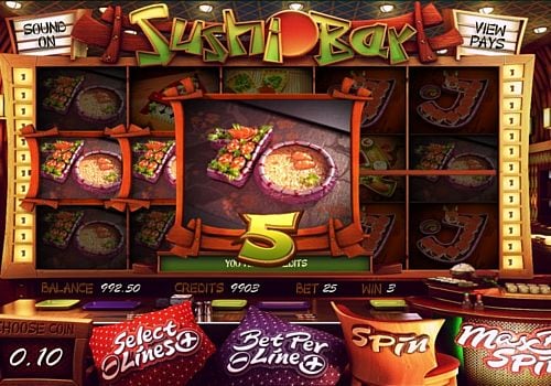 Игровой автомат Sushi Bar - призовая комбинация с диким знаком Призовая комбинация с диким знаком в игровом автомате Sushi Bar